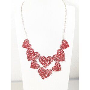 Red Metal Lace Heart Layered Statement Necklace Gothic Love 20 inch